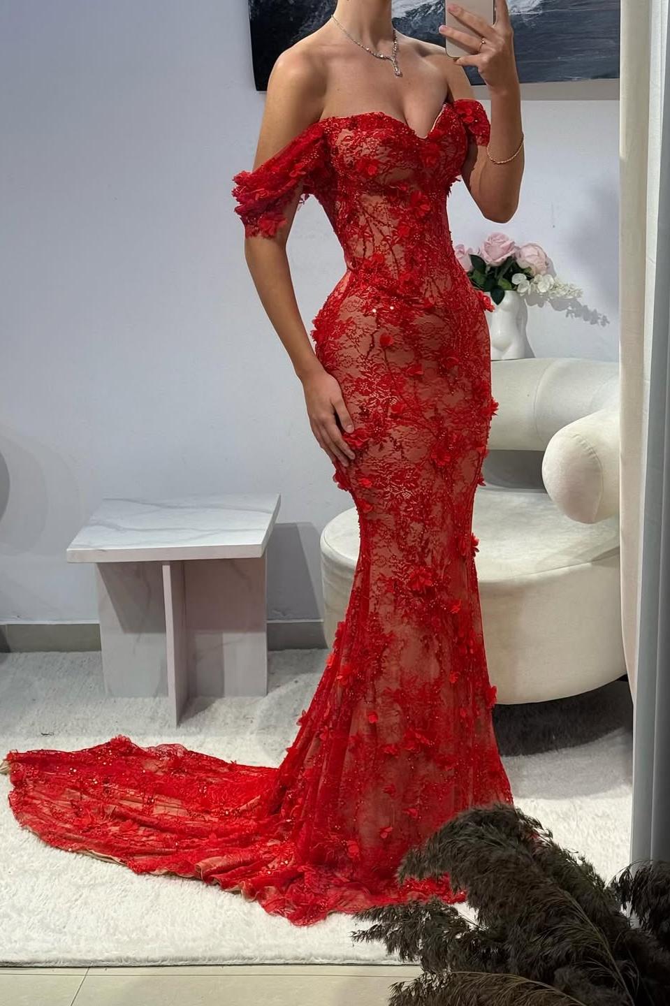 Hot Red Off-Shoulder Lace Mermaid Prom Dress with Floral Appliques - View 2 | VelvetHem