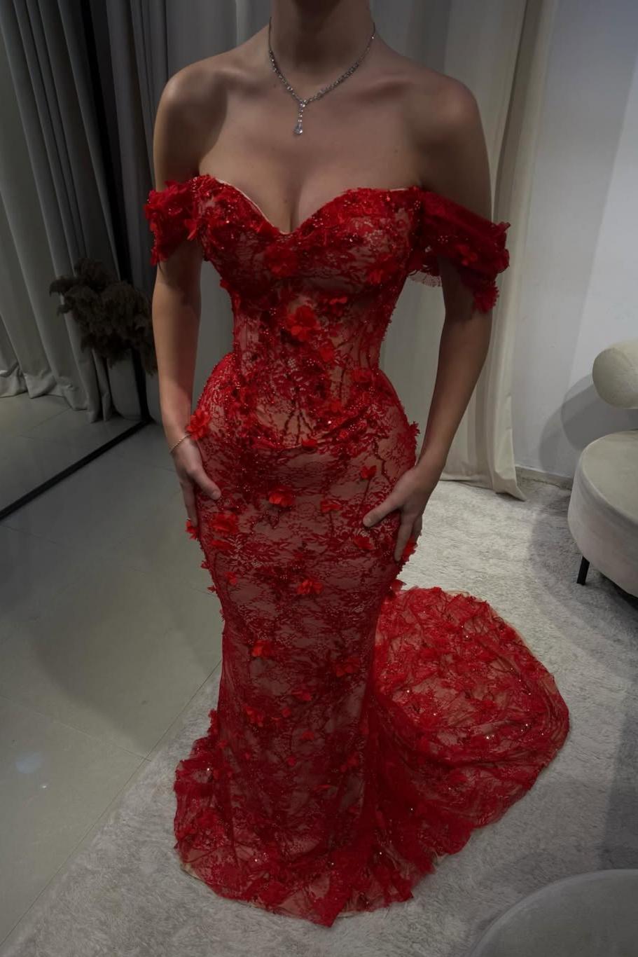 Hot Red Off-Shoulder Lace Mermaid Prom Dress with Floral Appliques - View 4 | VelvetHem