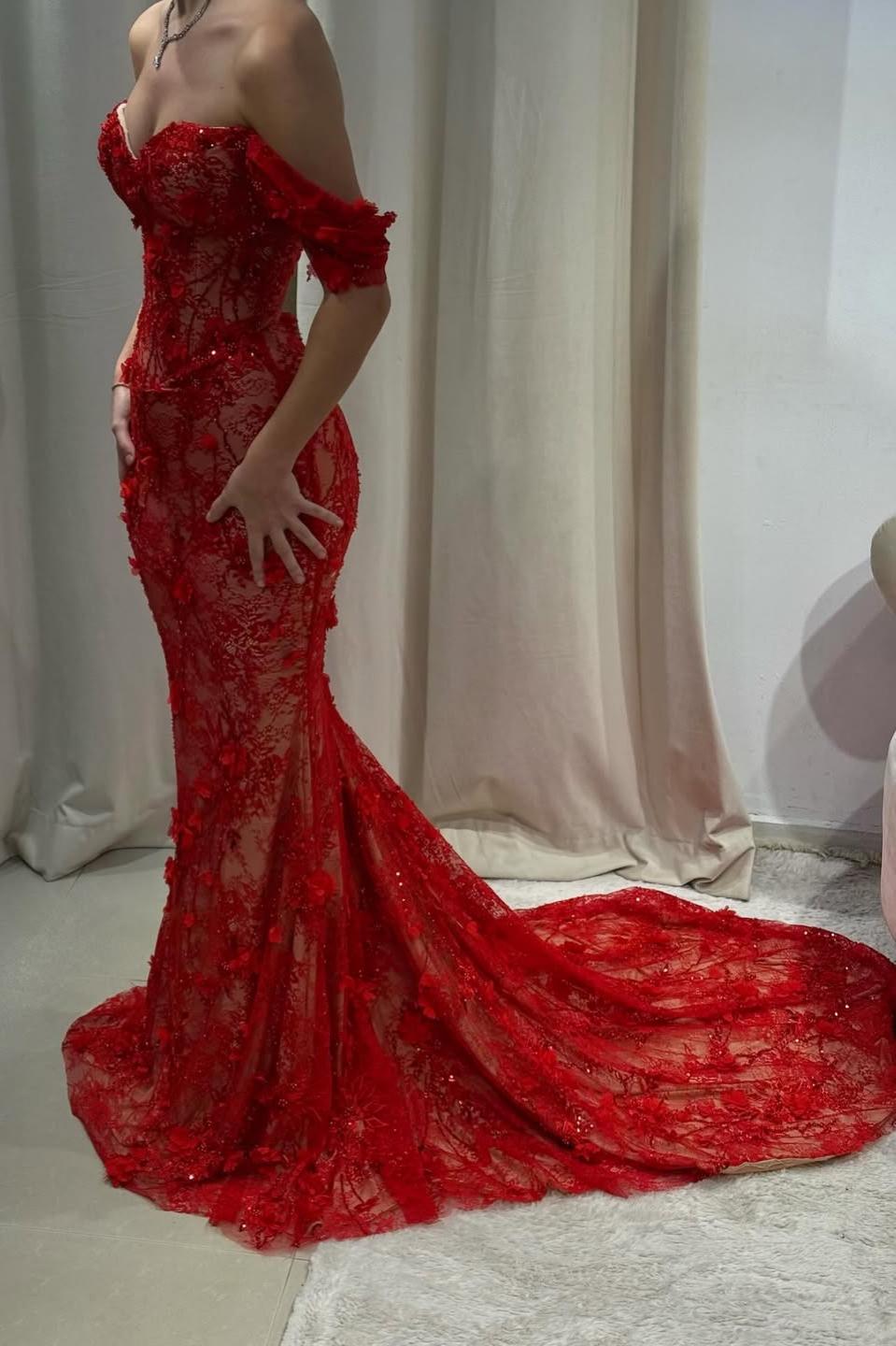 Hot Red Off-Shoulder Lace Mermaid Prom Dress with Floral Appliques - View 5 | VelvetHem