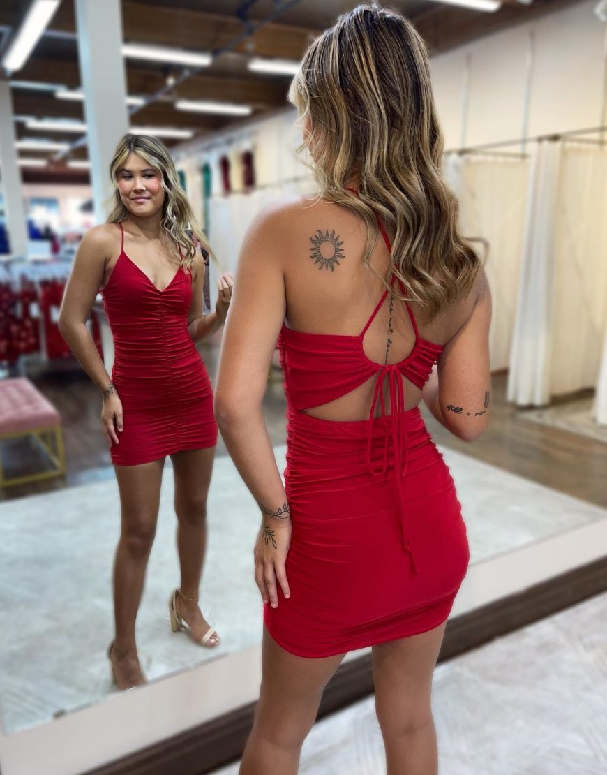 Red Spaghetti Straps Key Hole Back Homecoming Dress - View 2 | VelvetHem