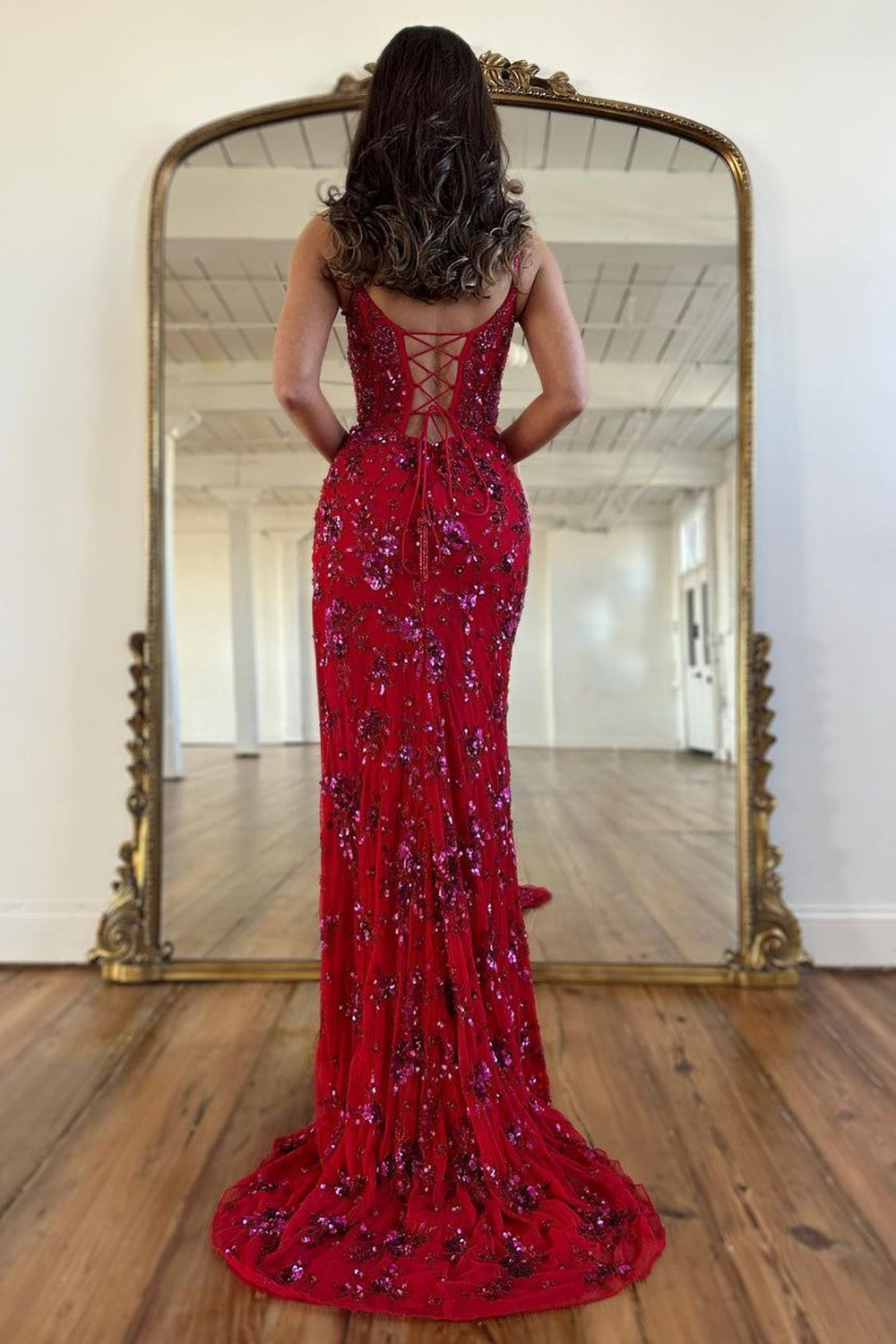 Red Sparkly Spaghetti Straps Lace Up Long Corset Prom Dress With Split - View 2 | VelvetHem