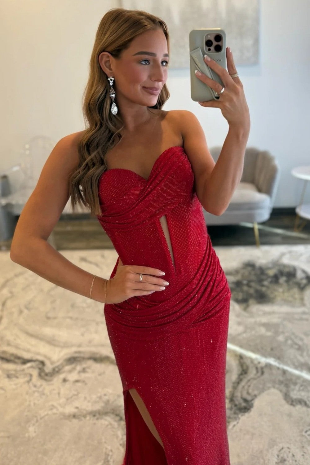 Bling Mermaid Sweetheart Red Corset Prom Dress with Split Front