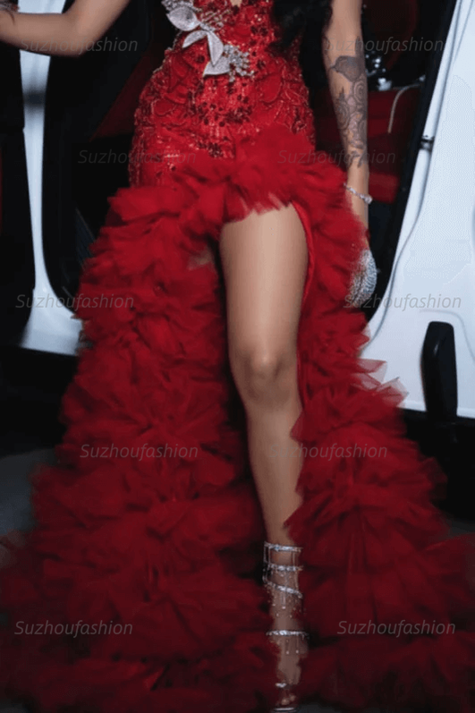 Red Tulle Ruffled Prom Dress Sequined V Neck Formal Evening Gown with 3D Flowers