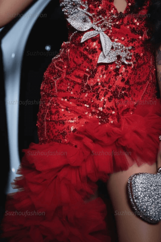 Red Tulle Ruffled Prom Dress Sequined V Neck Formal Evening Gown with 3D Flowers