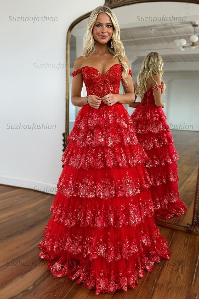 Glitter Hot Pink Corset Off the Shoulder Lace Long Prom Dress