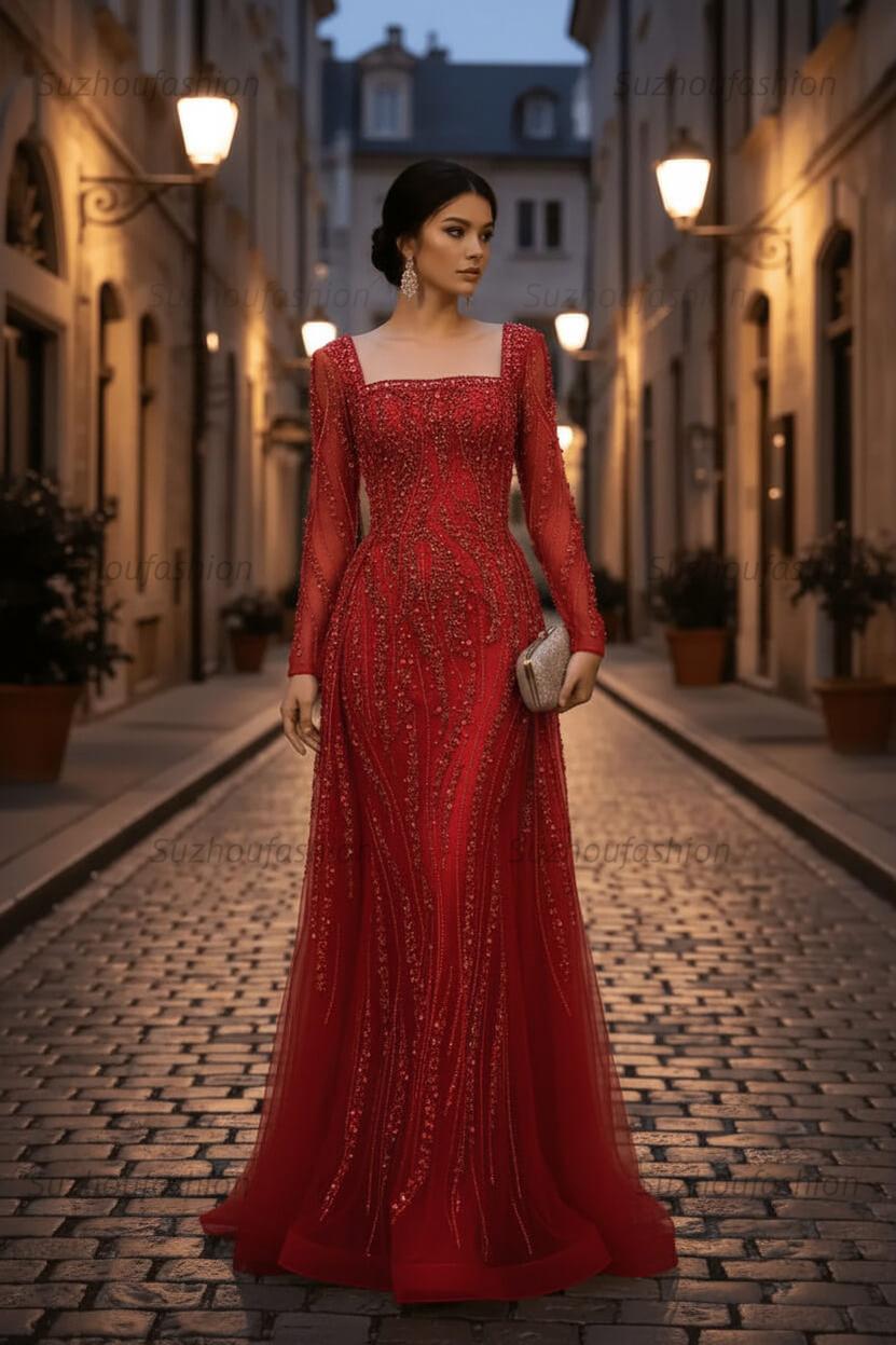 Square Neck Long Sleeves Long Mermaid Evening Formal Dress With Beading Tulle