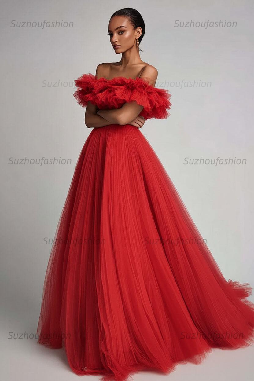 Dusty Sage Prom Dress Tulle A Line Long Formal Dress With Ruffles