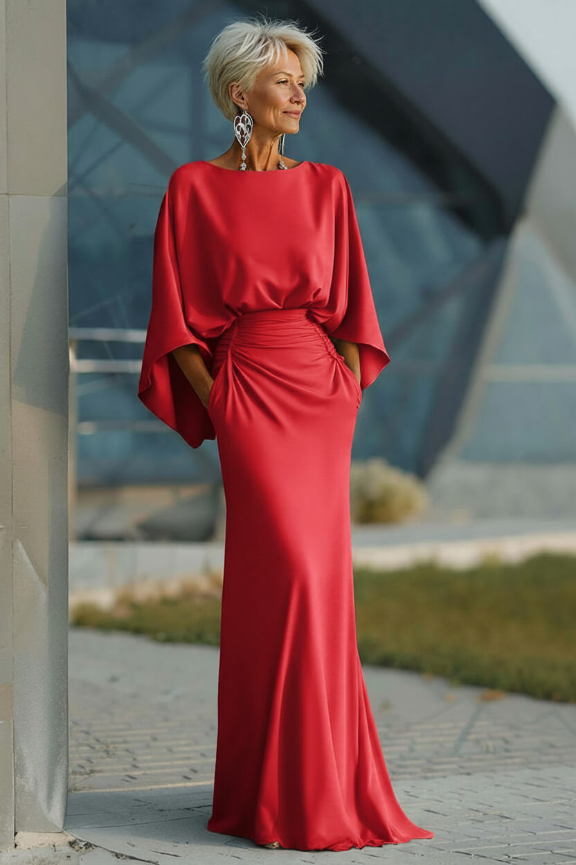 Navy Satin Mermaid Backless Long Mother Of The Bride Dress With Pockets