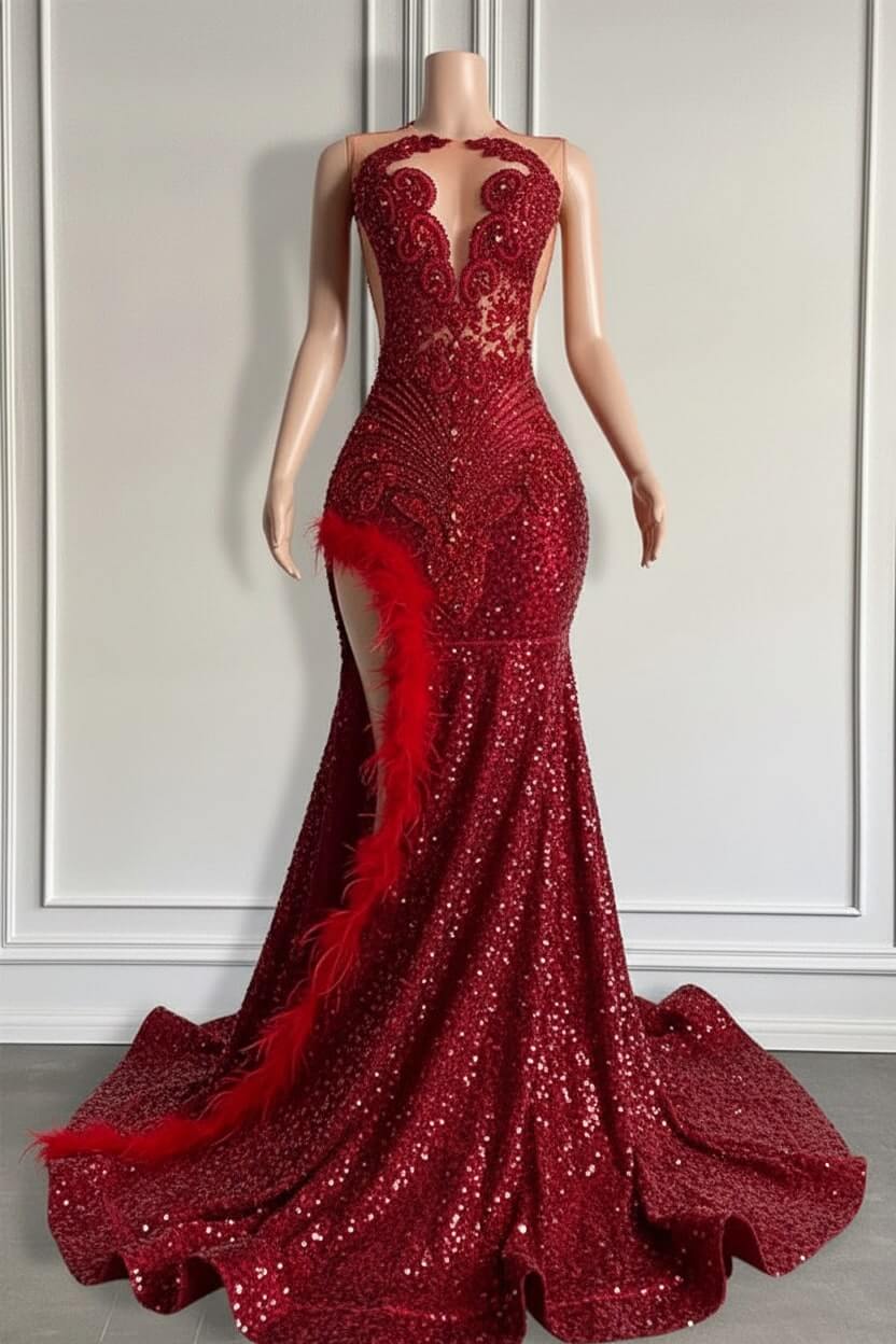 Mermaid Prom Dress Orange Split Sequin Formal Dress with Beadings and Feathers