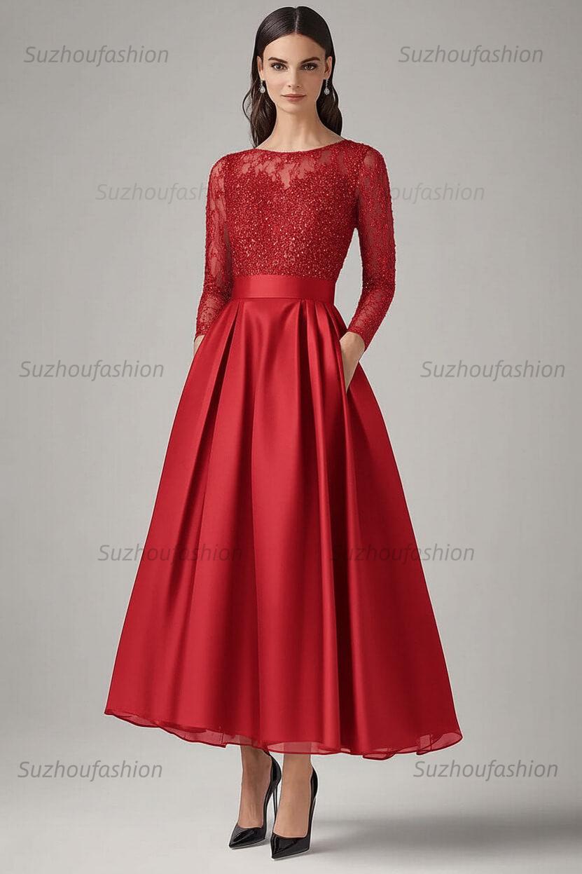 Navy Wedding Guest Dress Beaded A Line Long Sleeves Formal Dress With Lace