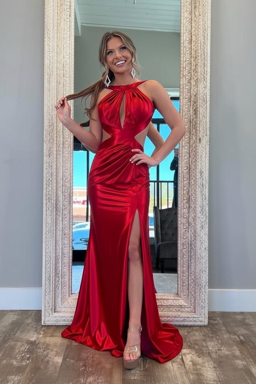 Suzhoufashion Stylish Fuchsia Metallic Mermaid Prom Dress With Slit And Open Back Formal Evening Gown
