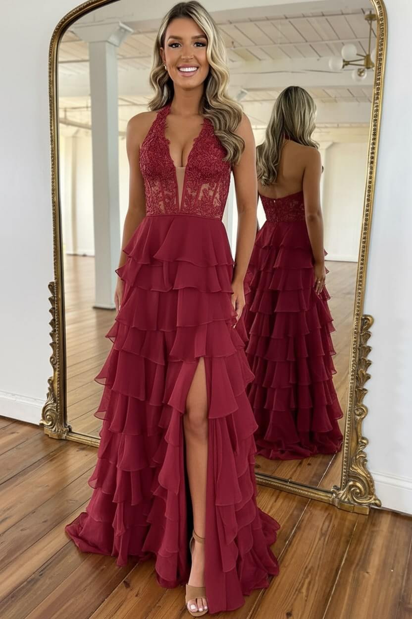 Sky Blue Prom Dress Ruffled Halter Corset Formal Dress With Slit
