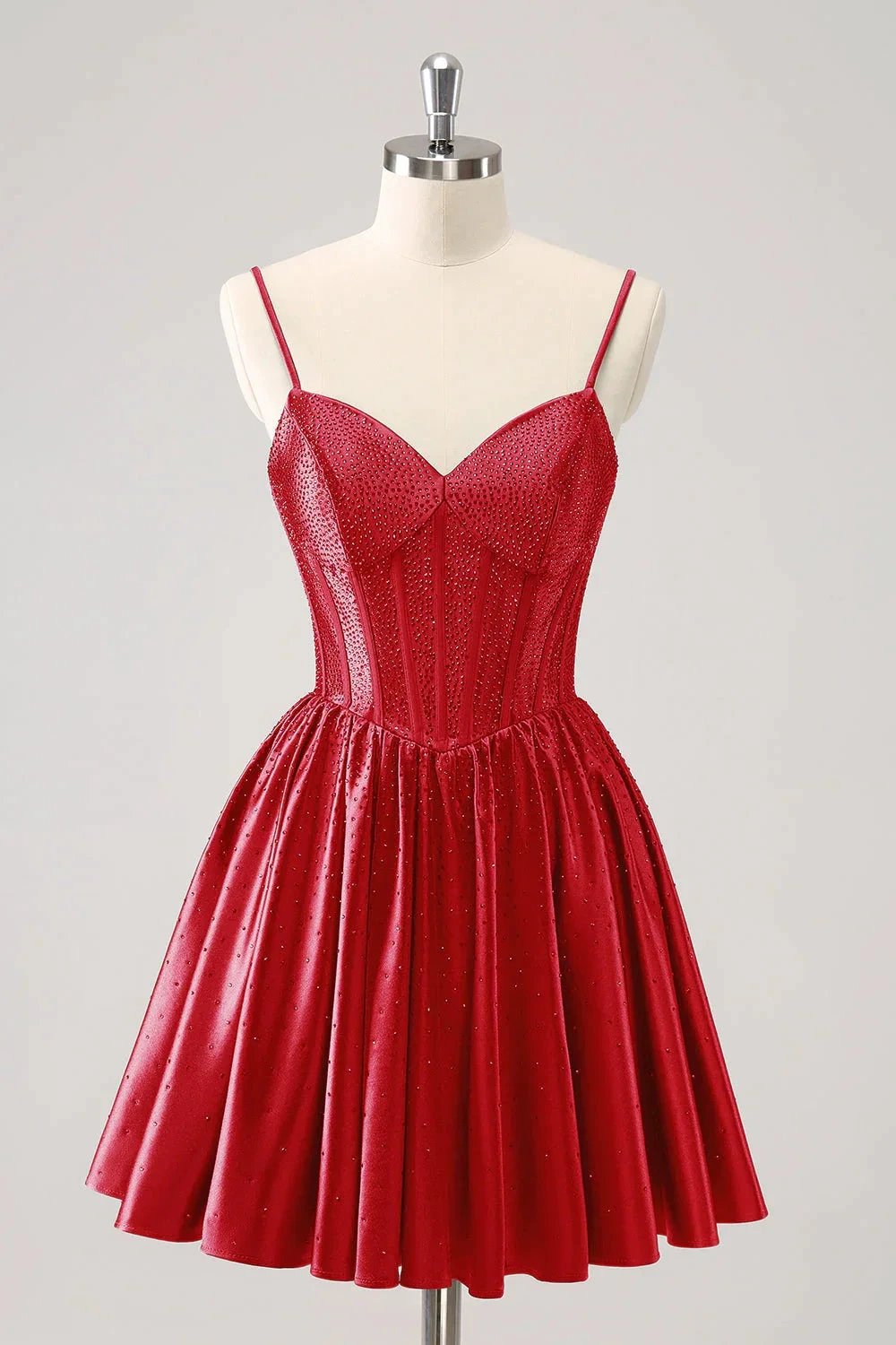 Cute Red A Line Spaghetti Straps Ruffle Corset Short Homecoming Dress with Beading by WEDTREND