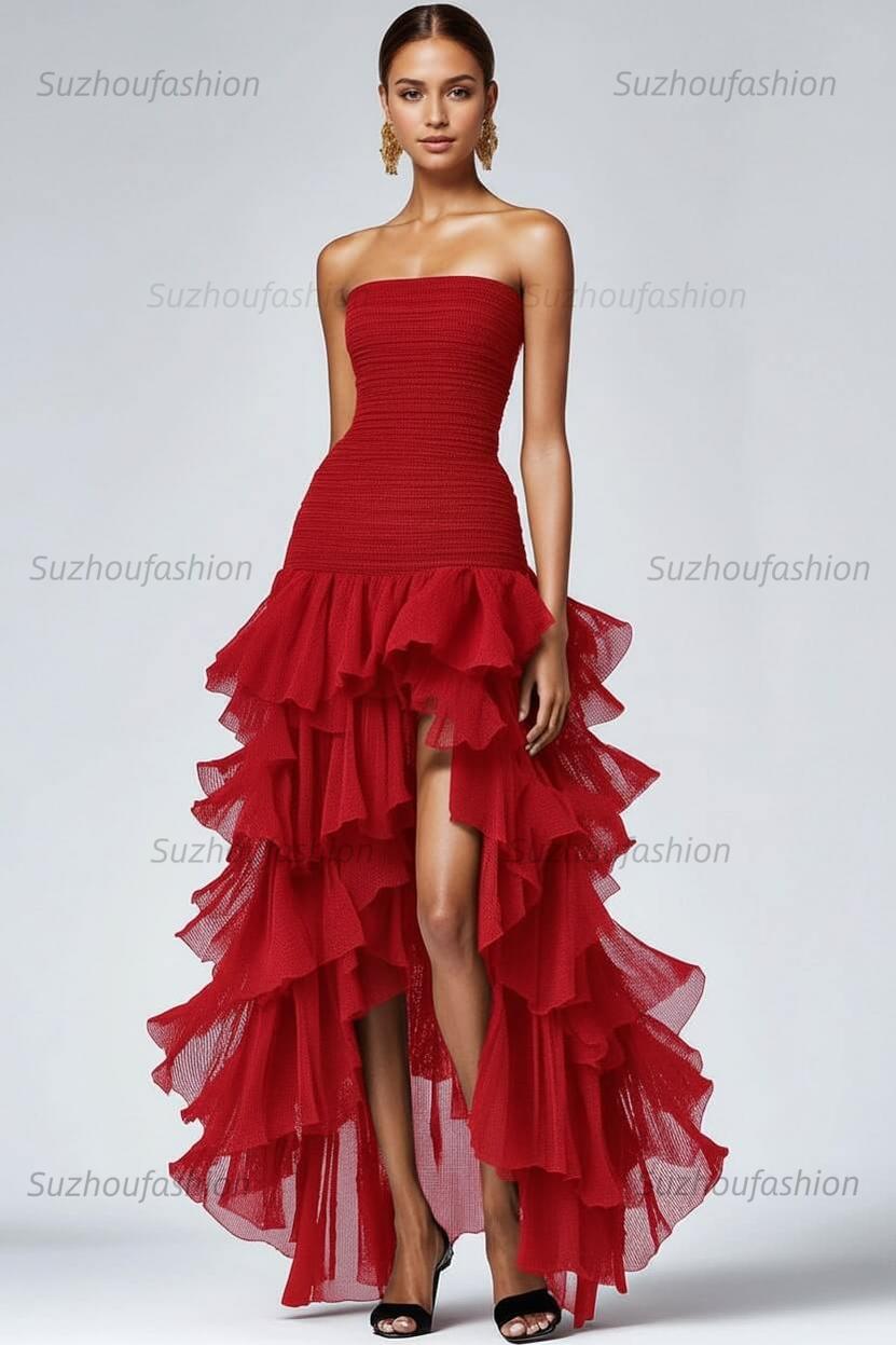 Black Wedding Guest Dress Strapless Tulle Long Ruffled Formal Dress With Slit