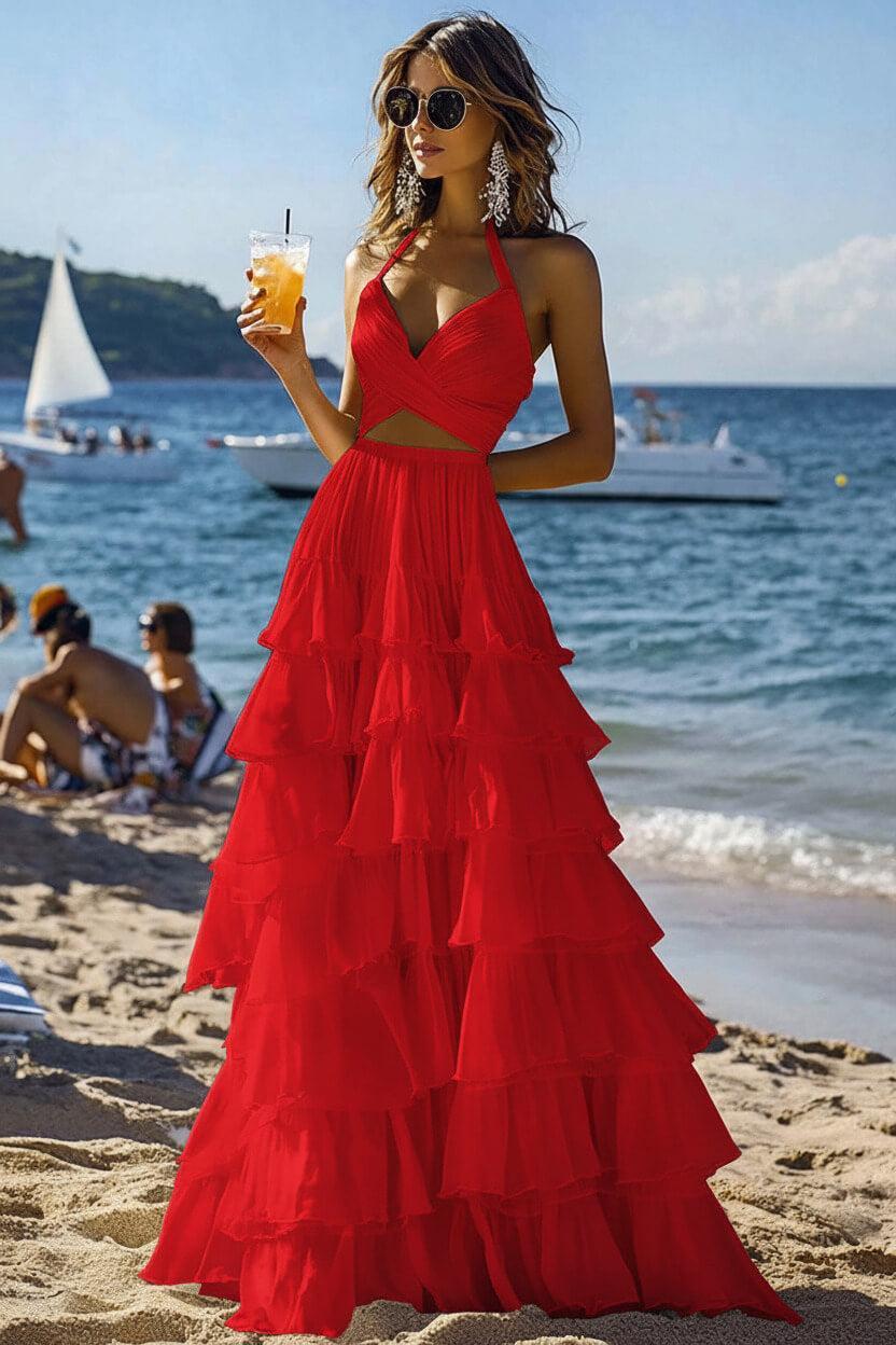 Halter Tiered White 2 Piece Ruffled Formal Dress