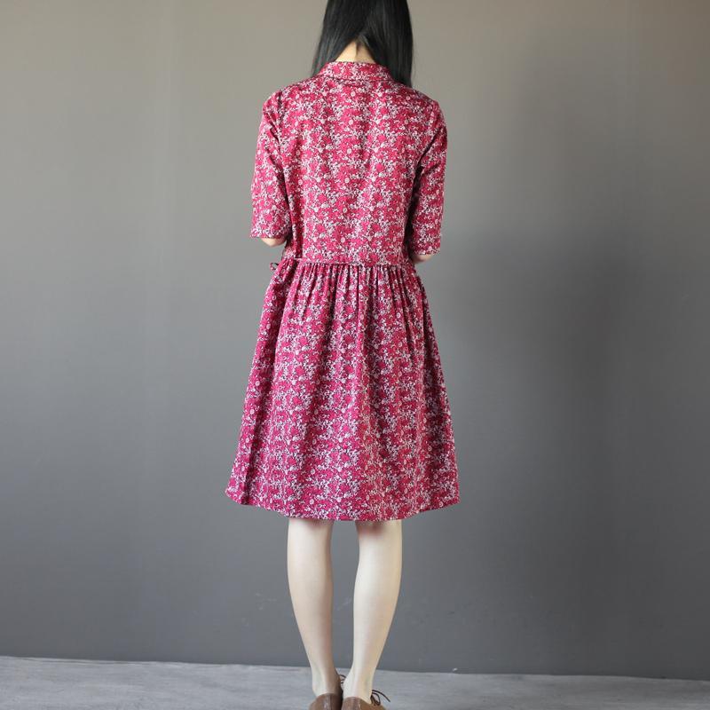Red foral linen sundress print cotton knee dress