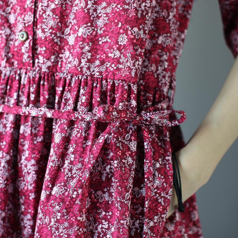 Red foral linen sundress print cotton knee dress