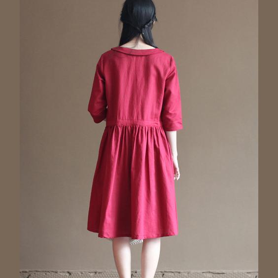 Red linen sundress half sleeve fit flare dresses