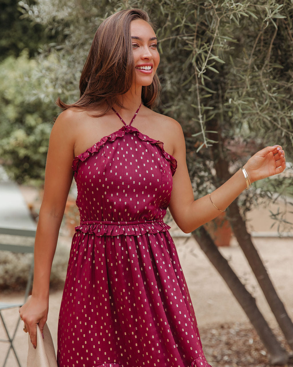 Remarkable Metallic Detailed Halter Midi Dress Wine FINAL