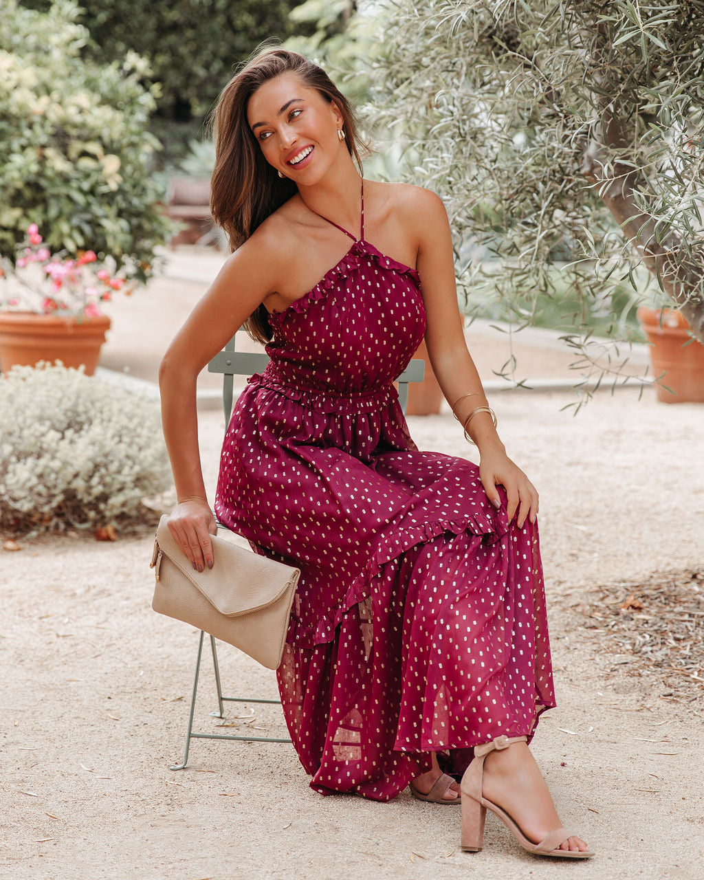 Remarkable Metallic Detailed Halter Midi Dress Wine FINAL