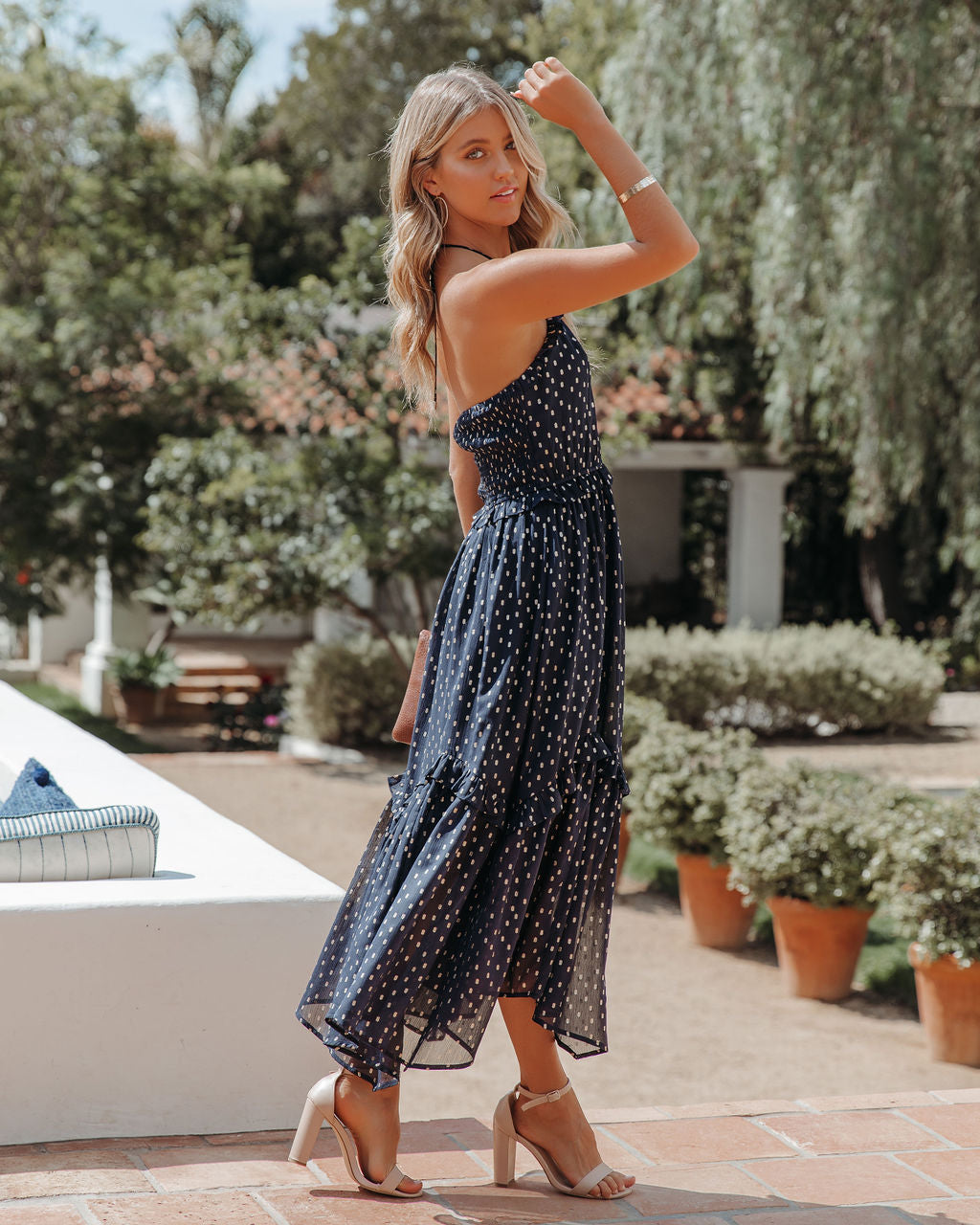 Remarkable Metallic Detailed Halter Midi Dress Navy FINAL