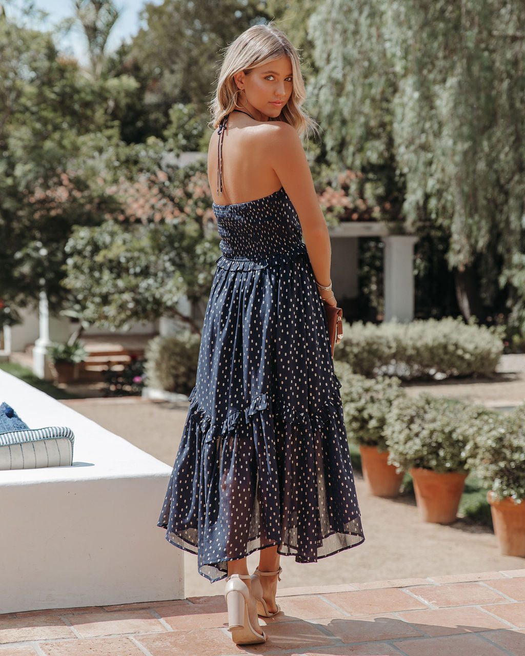 Remarkable Metallic Detailed Halter Midi Dress Navy FINAL