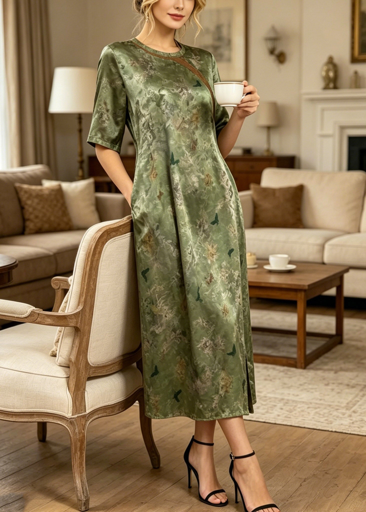 Retro Green O-Neck Patchwork Side Open Silk Long Dress Summer