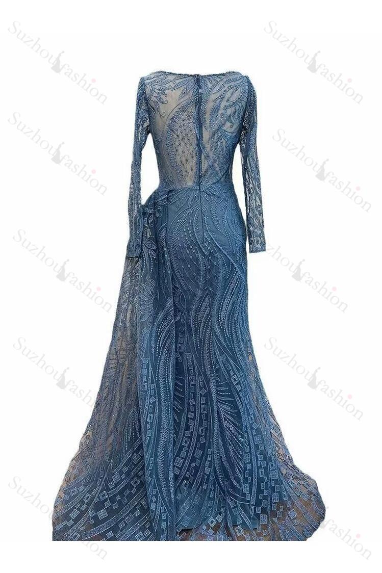 Retro Long Sleeve Blue Prom Dress Beaded Mermaid Bateau Neck Evening Formal Dress