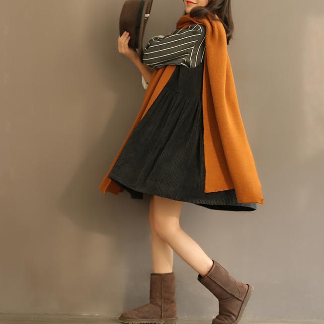 Retro black corduroy cotton spring dresses U neck strap dress sleeveless