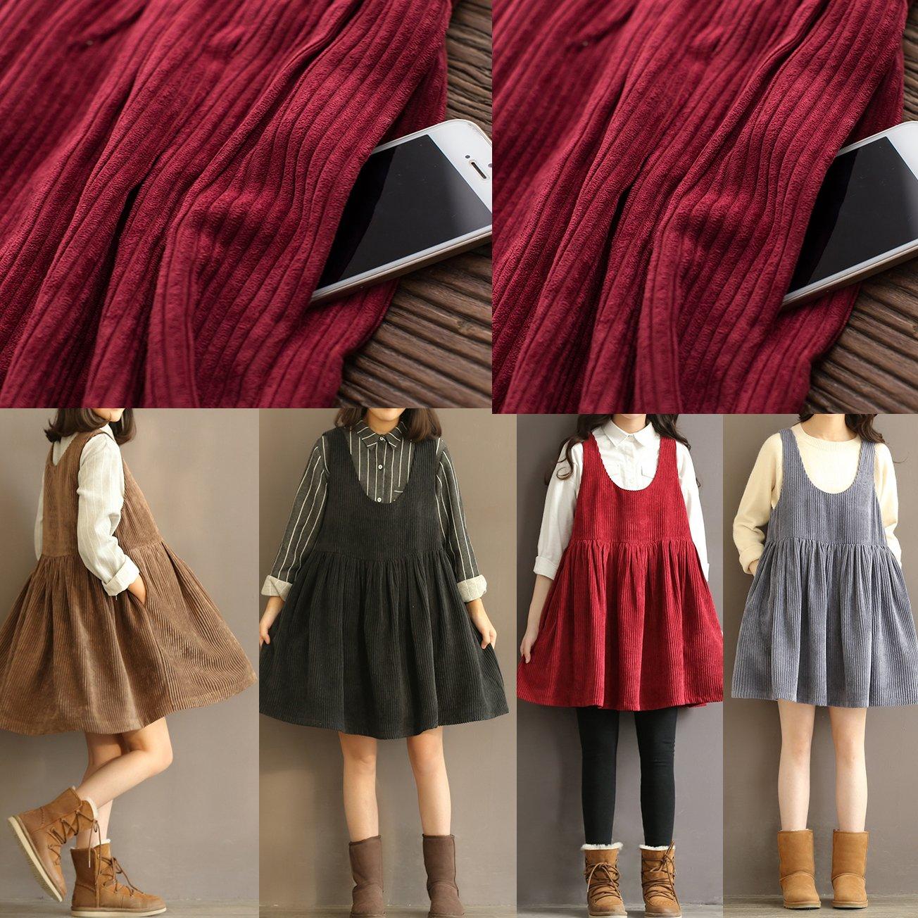 Retro black corduroy cotton spring dresses U neck strap dress sleeveless