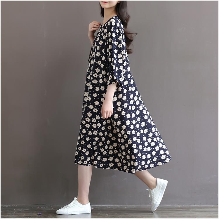 Retro Daisy Print Oversize Cotton Dresses Half Sleeve Cotton Sundress Traveling Dresses Plus Size ( Limited Stock)
