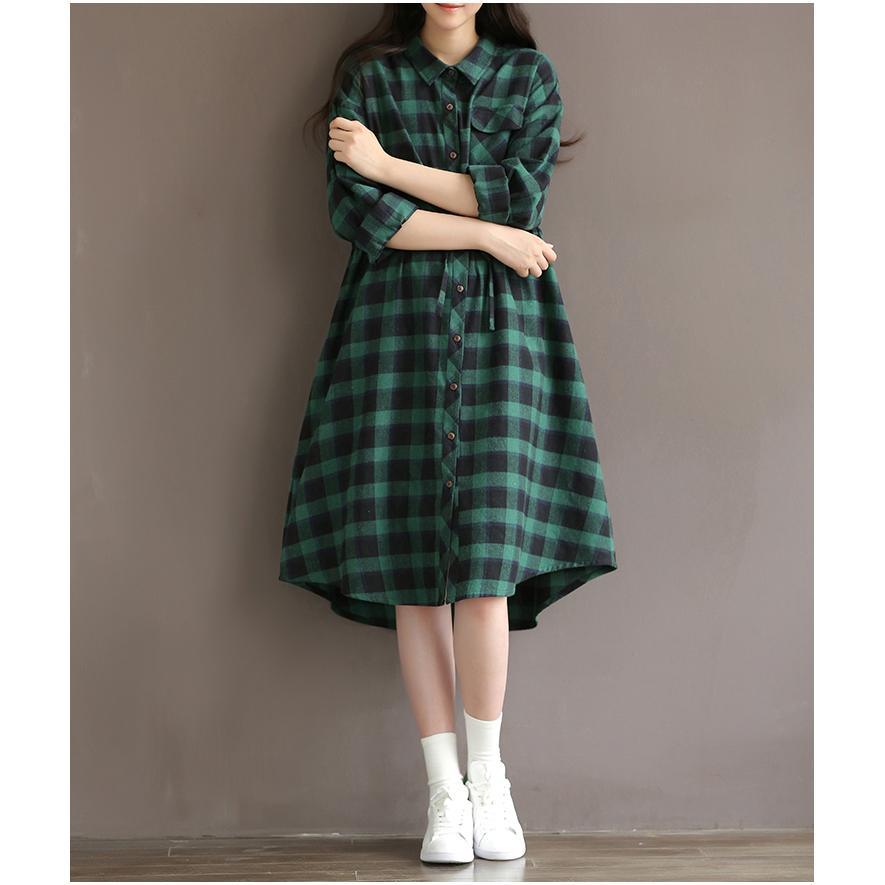 Retro green plaid cotton shirt dress plus size cotton dresses long sleeve