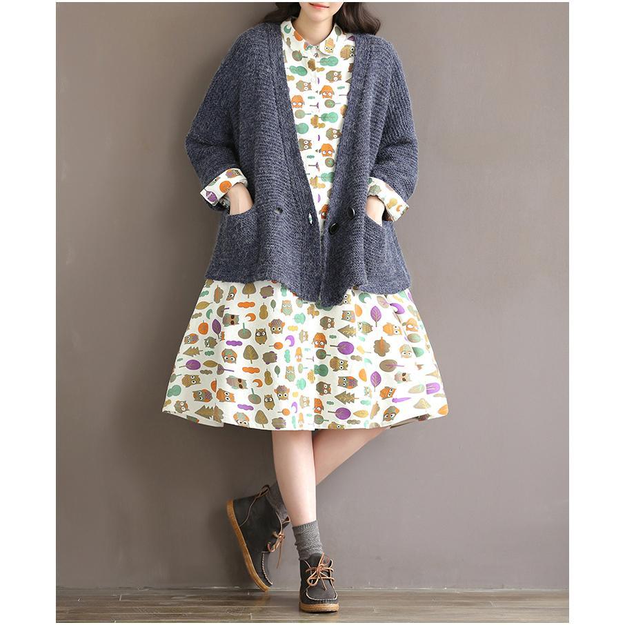 Retro Print Linen Dress Large Pocket Floral Sundress Cotton Traveling Dresses