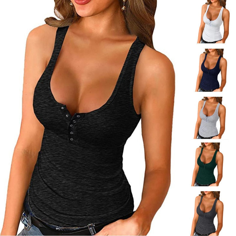 Ribbed Knitting Button Uneck Sleeveless Tank Top