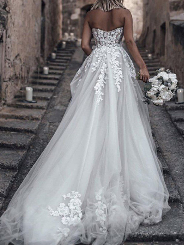 Romantic A-Line Sweetheart Tulle Wedding Dress Boho Beach Lace Bridal Gowns Online