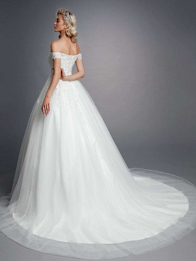 Romantic Ball Gown Wedding Dress Off Shoulder Lace Tulle Short Sleeve Sparkle & Shine Bridal Gowns with Court Train