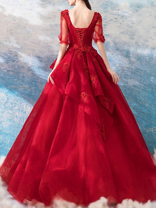 Romantic Ball Gown Wedding Dresses V-Neck Polyester Half Sleeve Plus Size Bridal Gowns Online