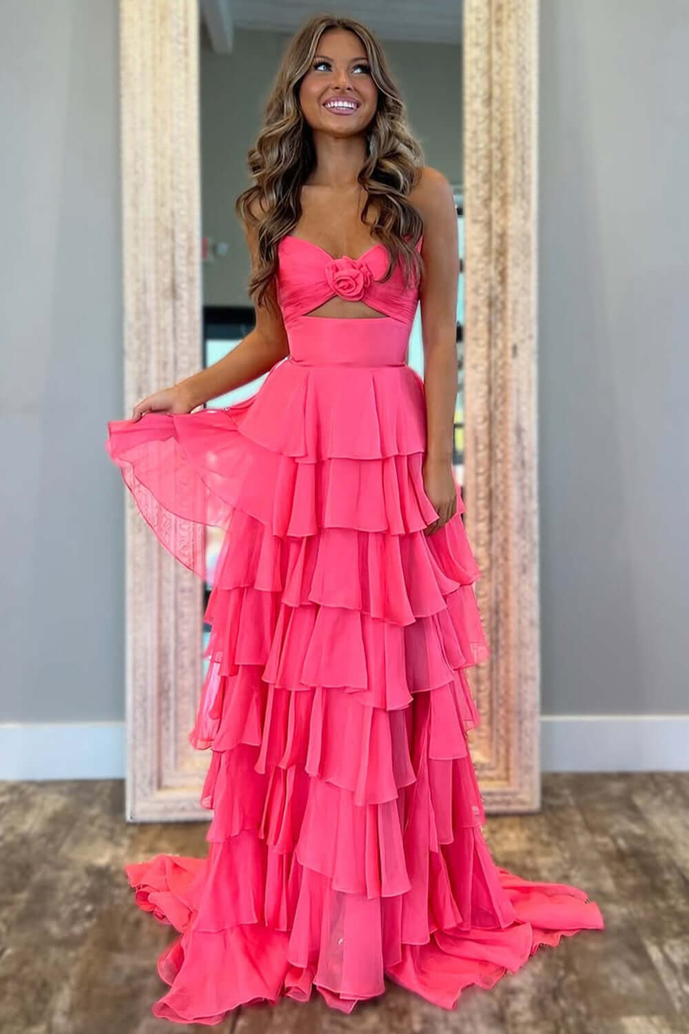 Princess Blush Prom Dress Sweetheart Ruffled Long Formal Dress With Slit