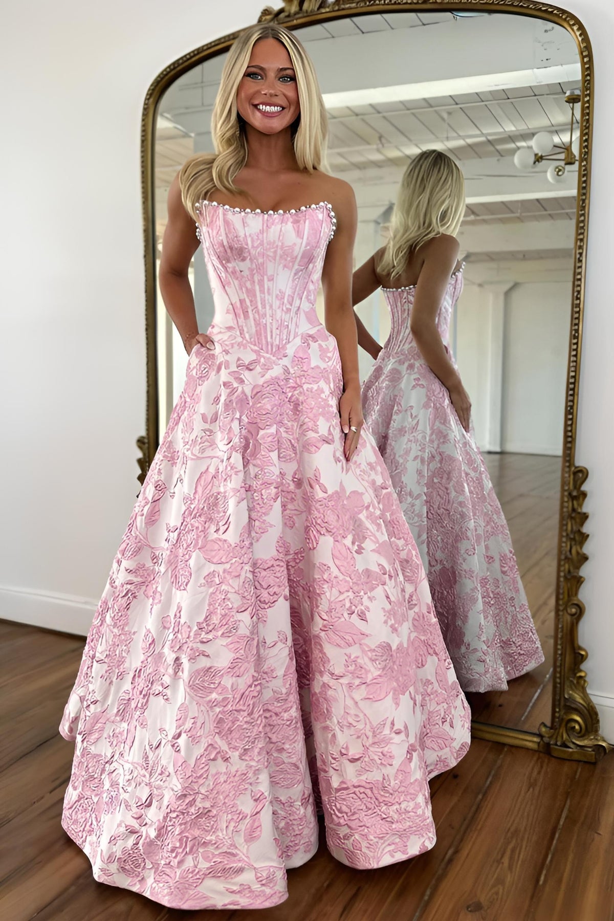 Suzhoufashion Floral Jacquard Strapless Corset Ball Gown Prom Dress With Pearls Formal Evening Gown