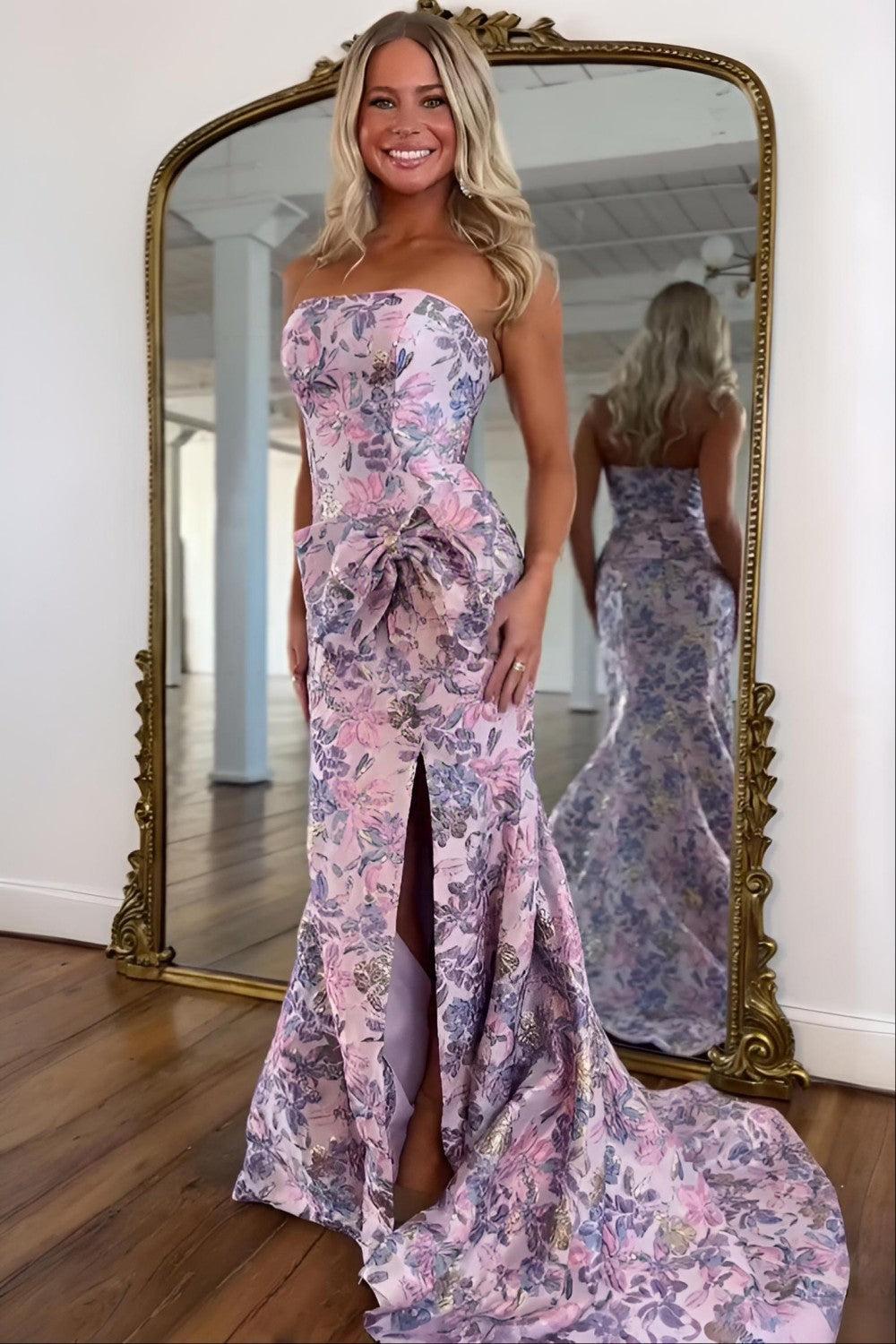 Suzhoufashion Floral Strapless Mermaid Prom Dress With Bow Detail And High Slit Formal Evening Gown
