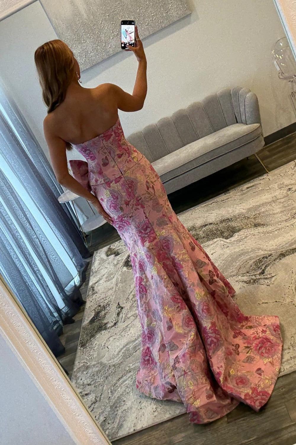 Suzhoufashion Floral Strapless Mermaid Prom Dress With Bow Detail And High Slit Formal Evening Gown