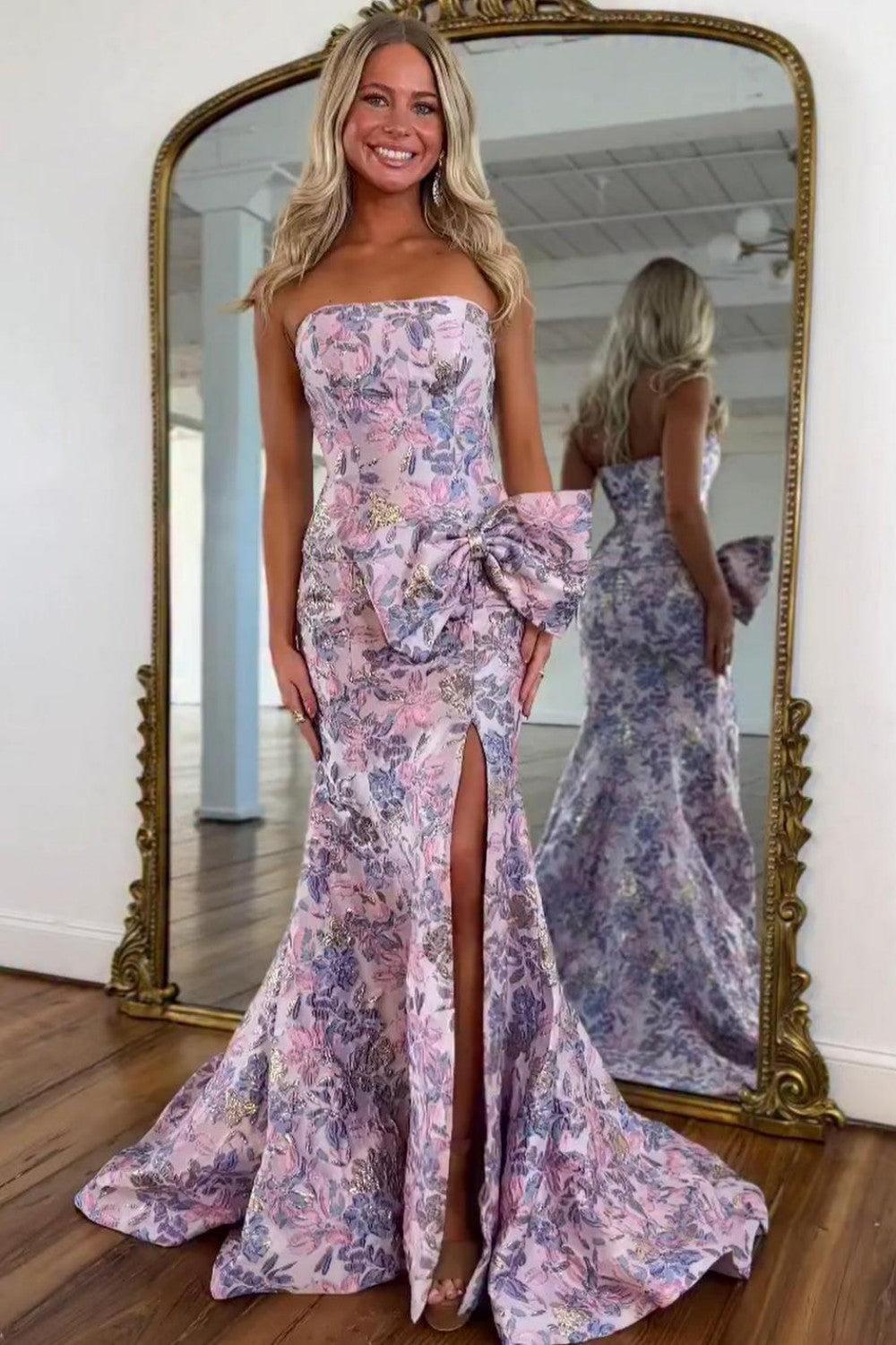 Suzhoufashion Floral Strapless Mermaid Prom Dress With Bow Detail And High Slit Formal Evening Gown