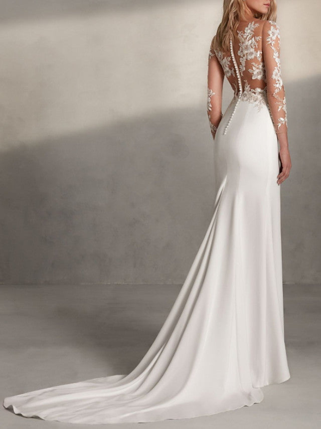 Romantic Mermaid Beach Wedding Dresses Jewel Lace Tulle Long Sleeve Sexy Bridal Gowns with Sweep Train
