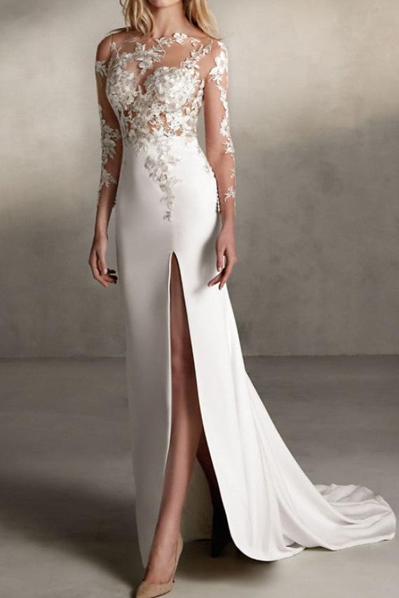 Romantic Mermaid Beach Wedding Dresses Jewel Lace Tulle Long Sleeve Sexy Bridal Gowns with Sweep Train