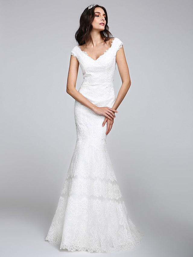Romantic Mermaid Wedding Dress V-neck All Over Lace Cap Sleeve Sexy Backless Bridal Gowns Illusion Detail