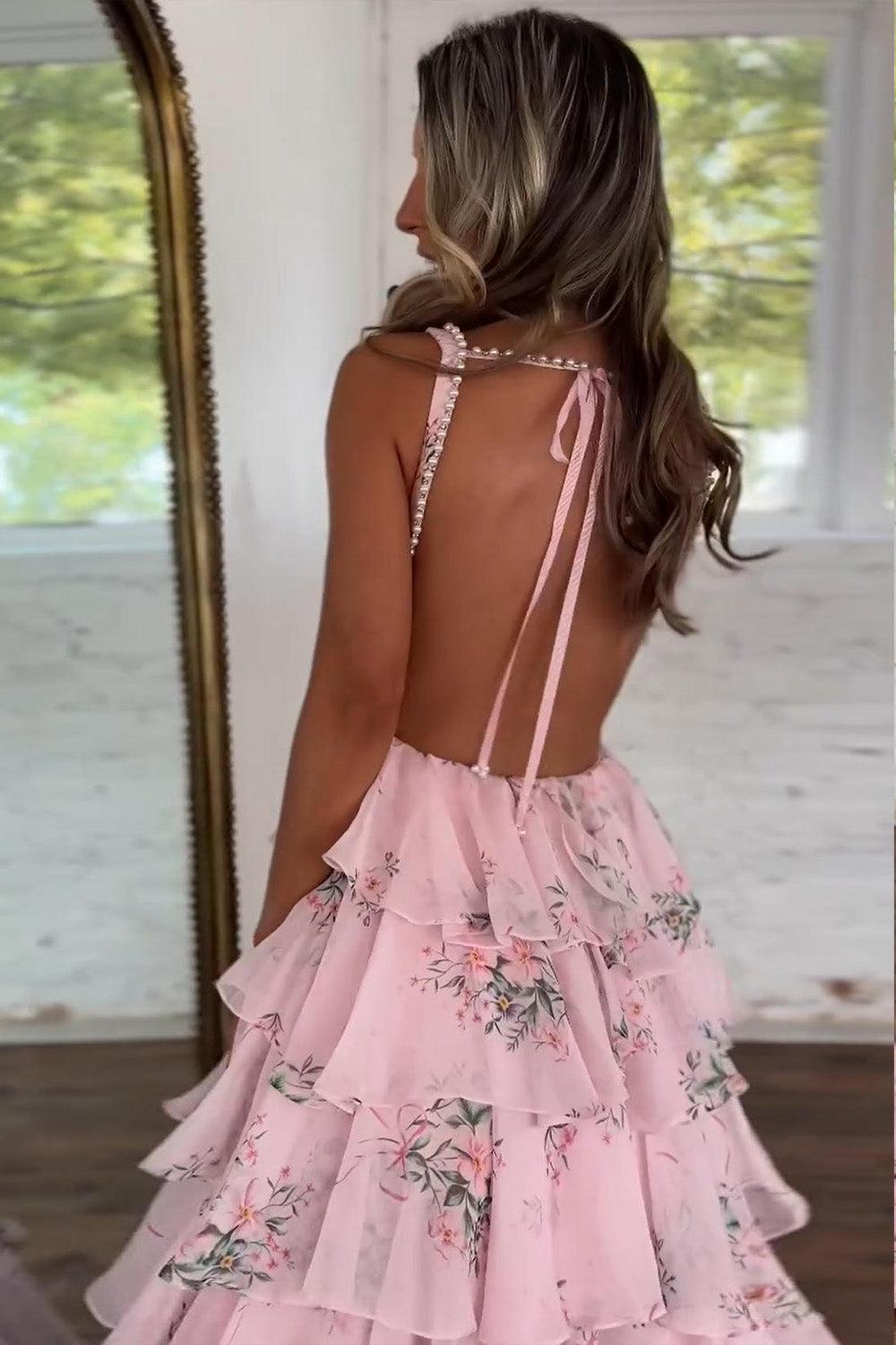 Suzhoufashion Pink Floral Square Neck Backless Tiered Ruffle Prom Dress With Slit Formal Evening Gown