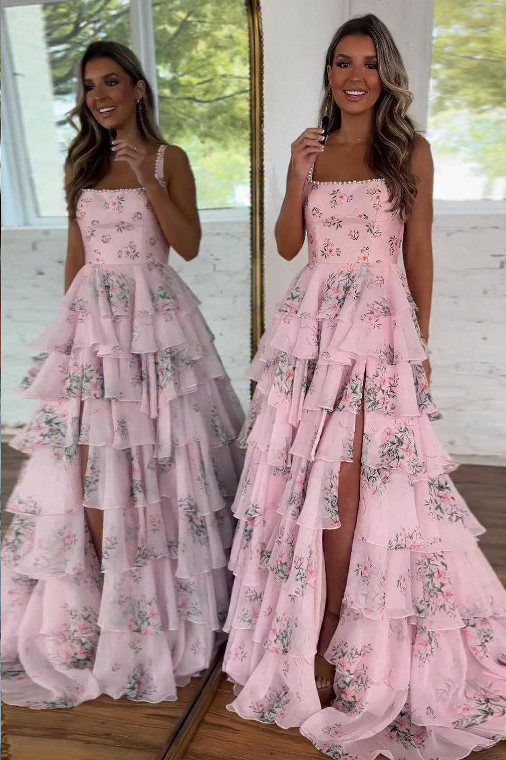 Suzhoufashion Pink Floral Square Neck Backless Tiered Ruffle Prom Dress With Slit Formal Evening Gown