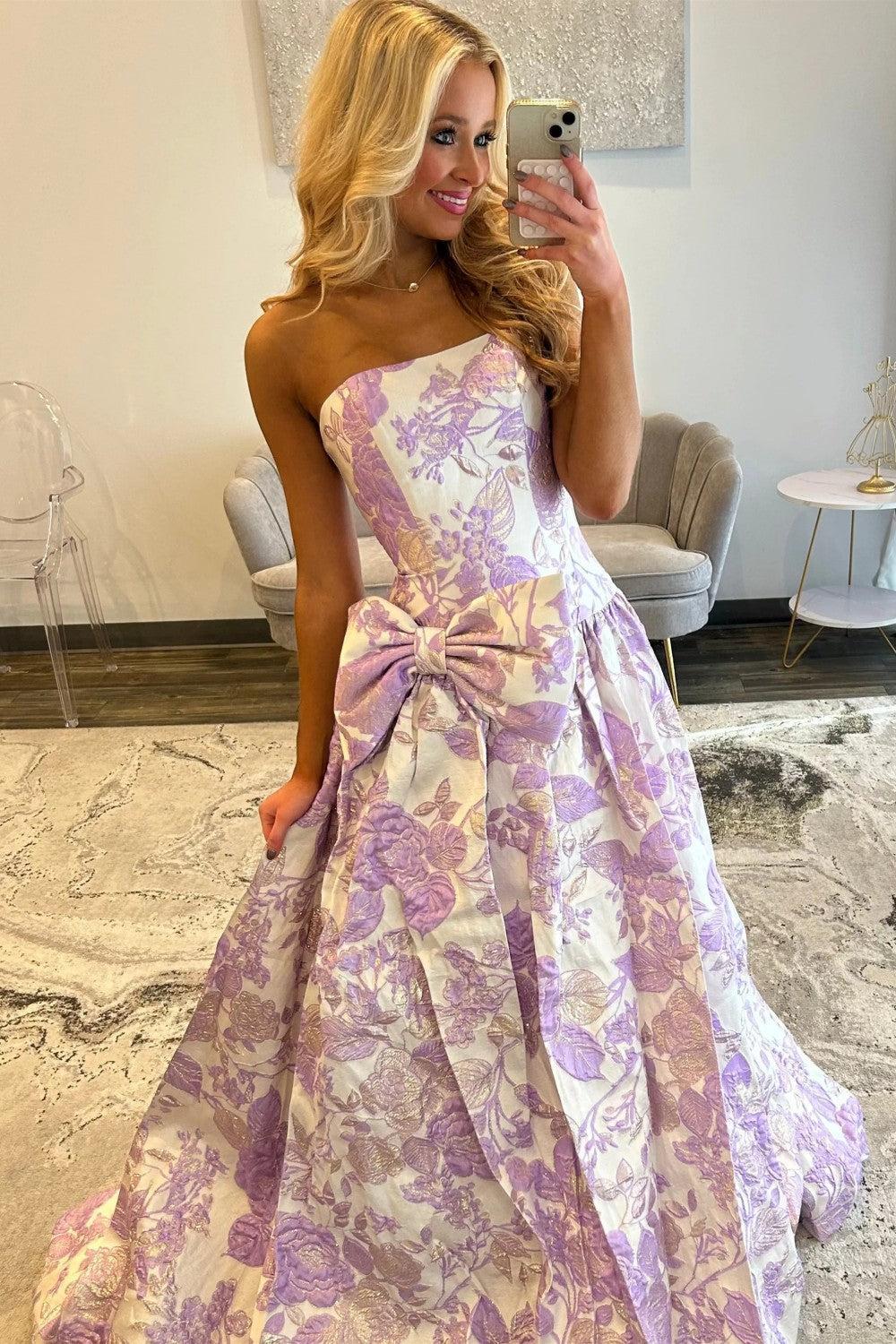 Purple Floral A-Line Strapless Long Prom Dress With Bow Formal Evening Gown