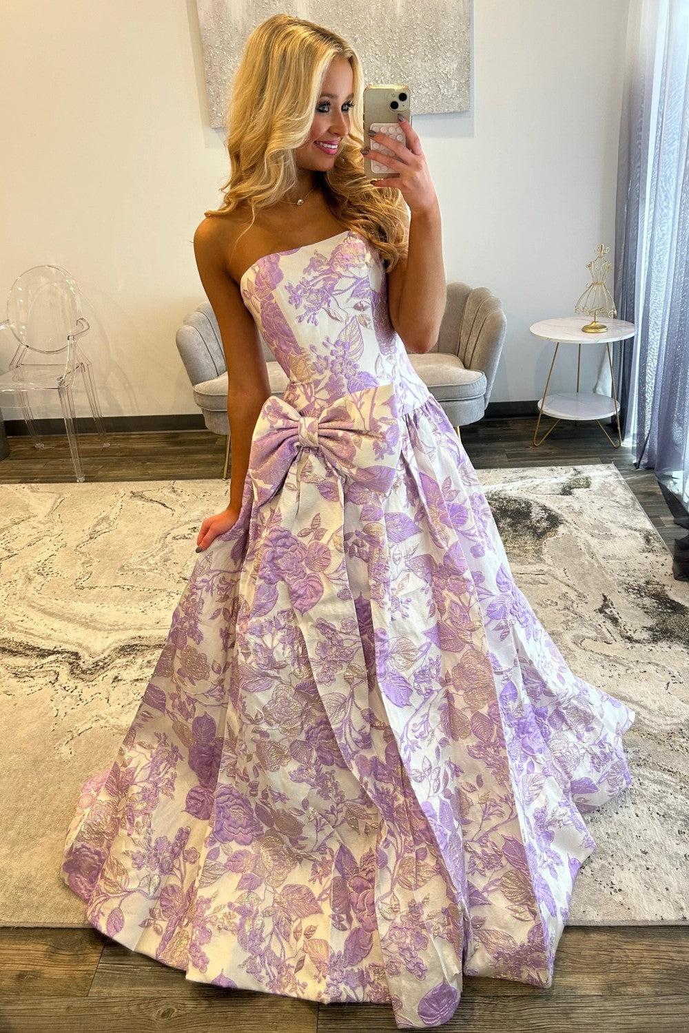 Purple Floral A-Line Strapless Long Prom Dress With Bow Formal Evening Gown