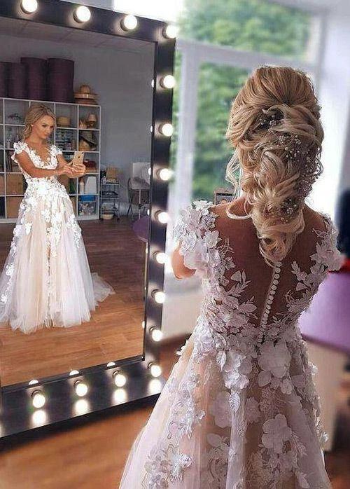 Romantic Sleeveless Aline Wedding Dress 3D Floral Lace Tulle Bridal Dress (ZD16586)